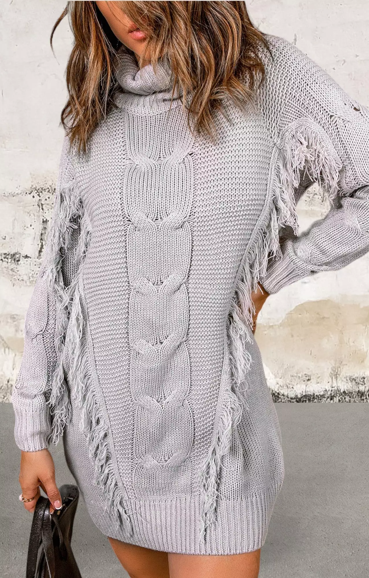 Gray High Neck Long Sleeve Sweater Dress