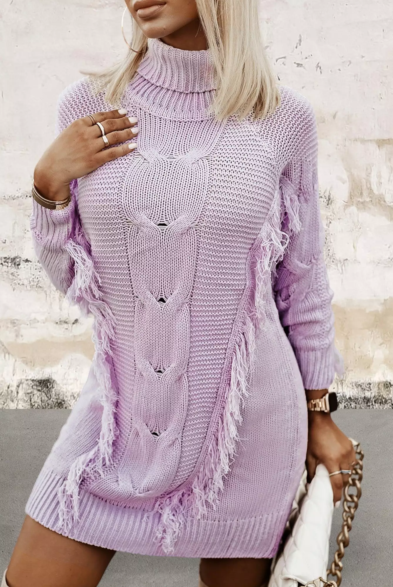 Gray High Neck Long Sleeve Sweater Dress