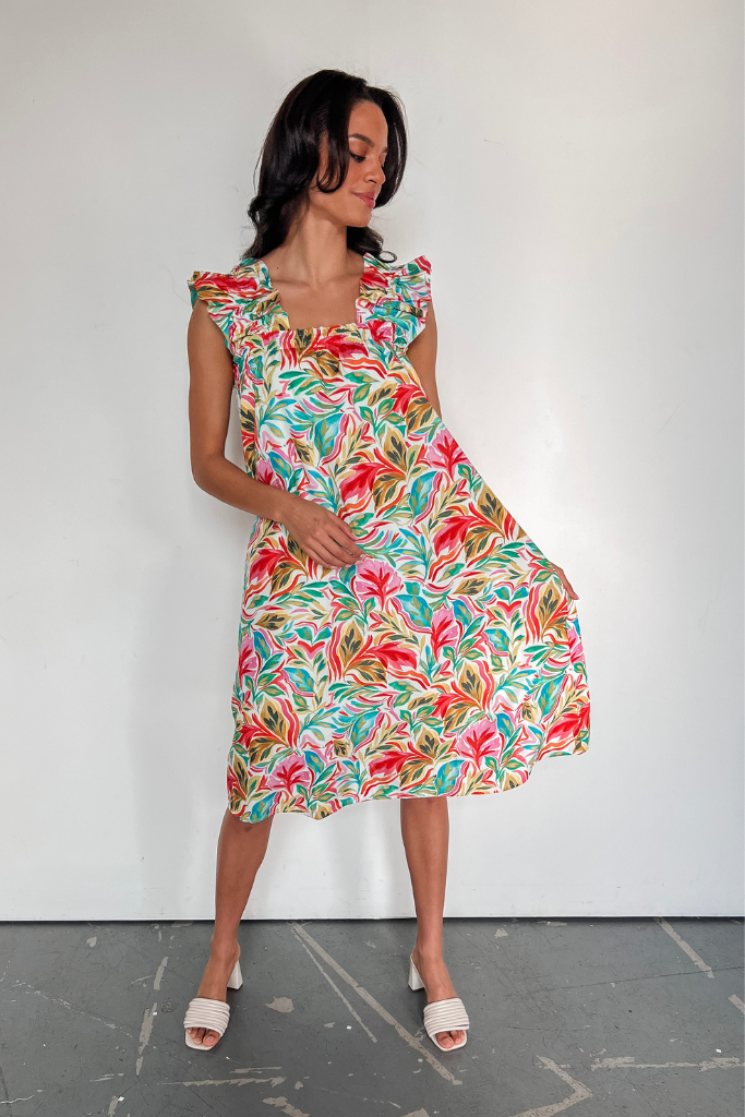 Island In The Sun Flutter Sleeve Midi Dress