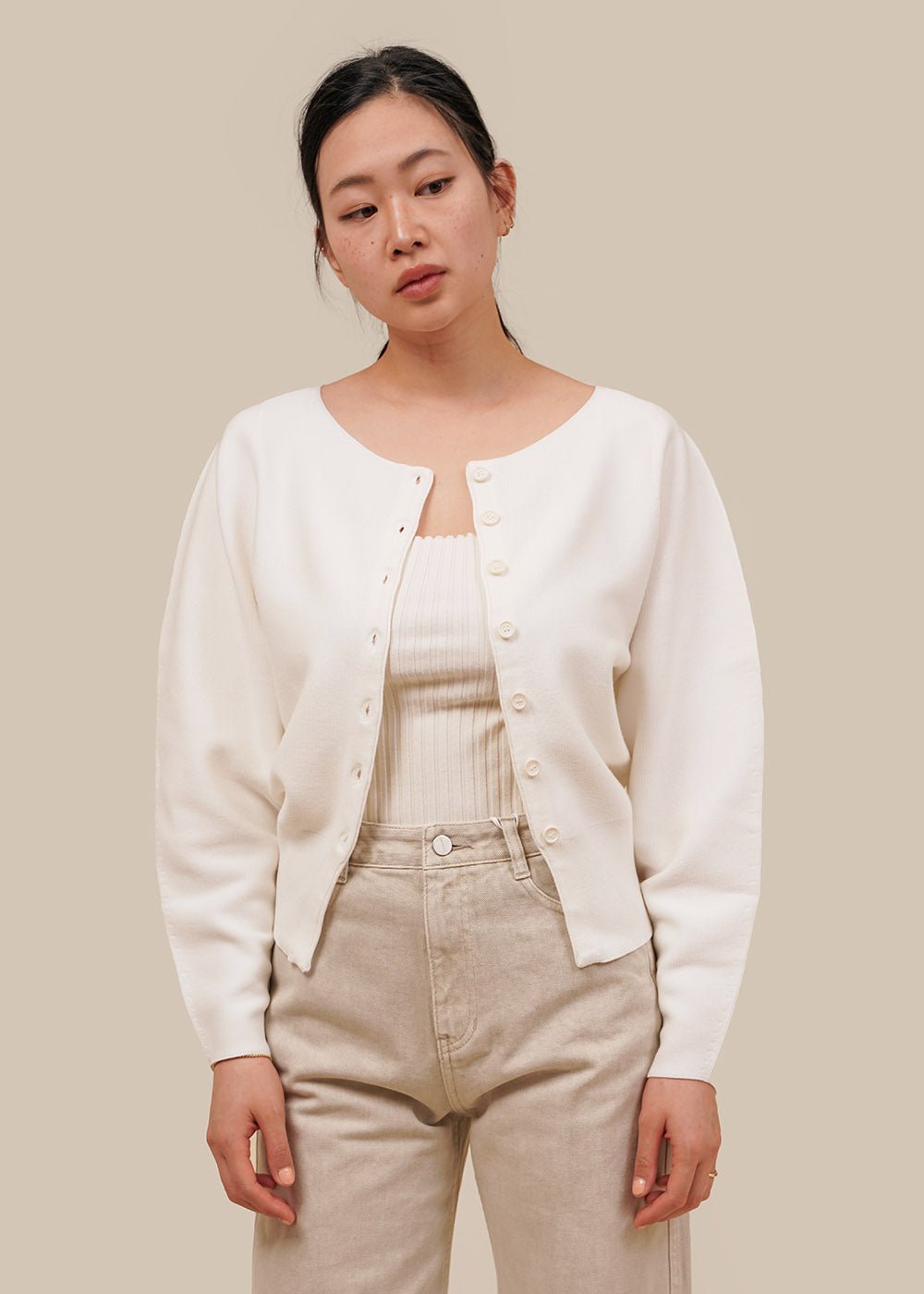 Ivory Whole Garment Rounded Cardigan