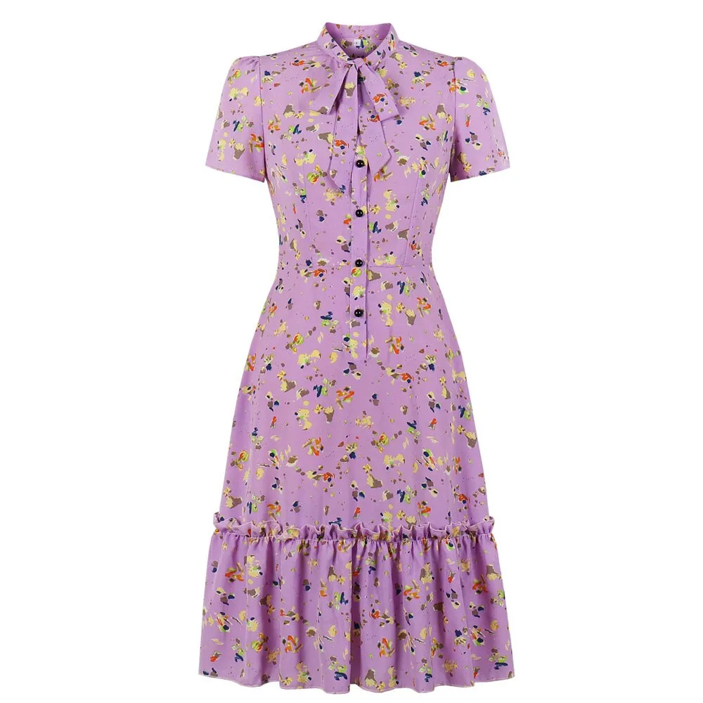 Lilac Women Bow Tie Neck Button Up High Waist Ruffles Hem Colorful Print Elegant Office Ladies Dresses