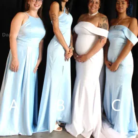 Mismatched Off Shoulder Halter Mermaid Satin Sky Blue Long Bridesmaid Dresses Online, BG728