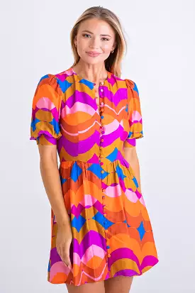 Multi 70's Swirl Puff Sleeve Dress