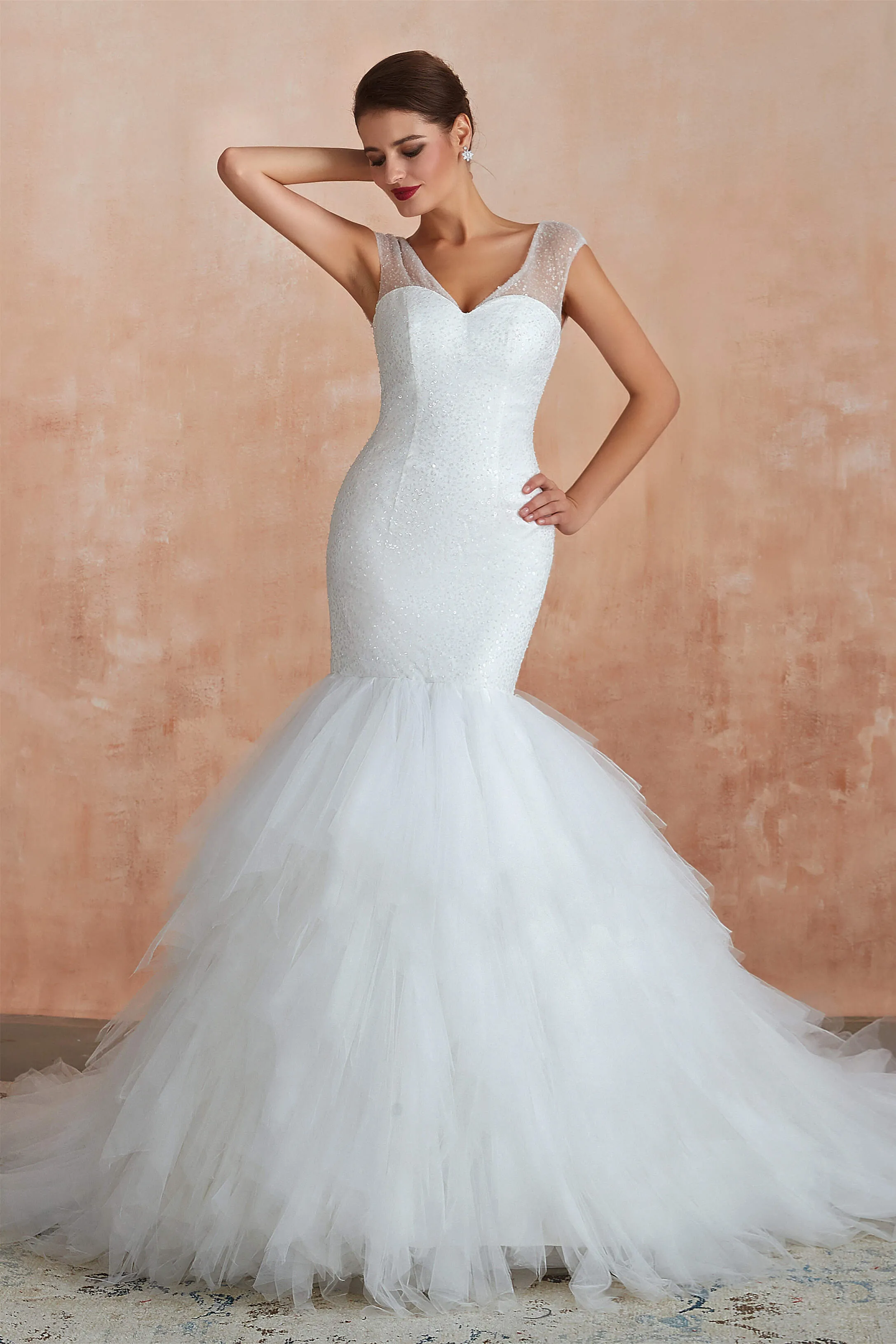 Multi-Tiered Lace-Up Mermaid Wedding Dresses with Chapel Train