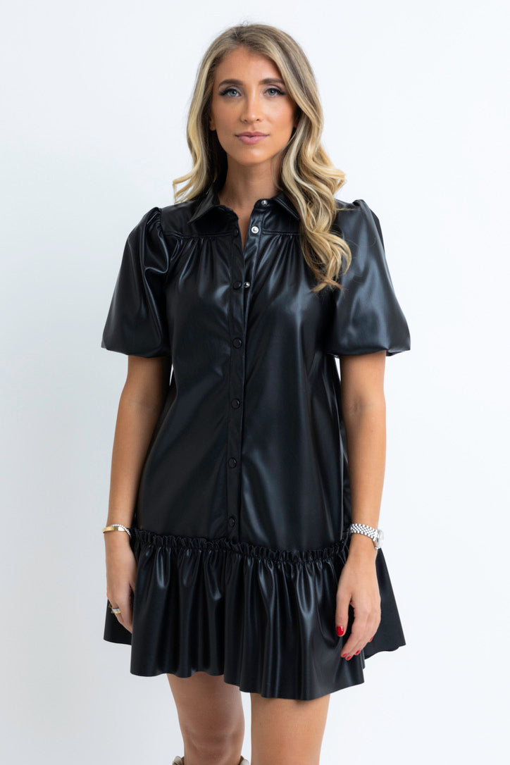 Pleather Puff Sleeve Dress