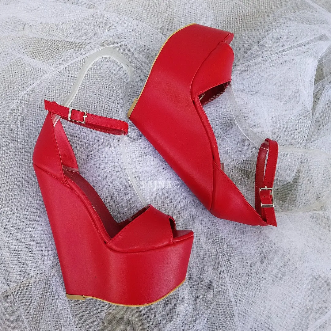 Red Ankle Strap 16 cm Heel Wedge Sandals