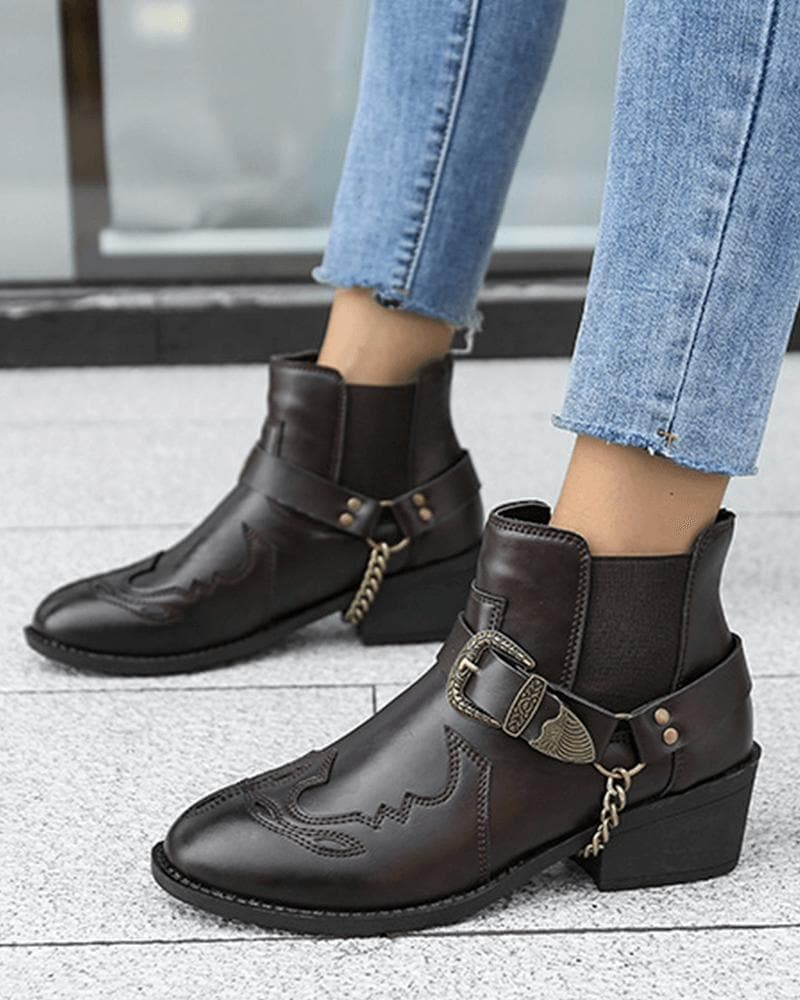 Retro Buckle Decoration Slip On Ankle Boots