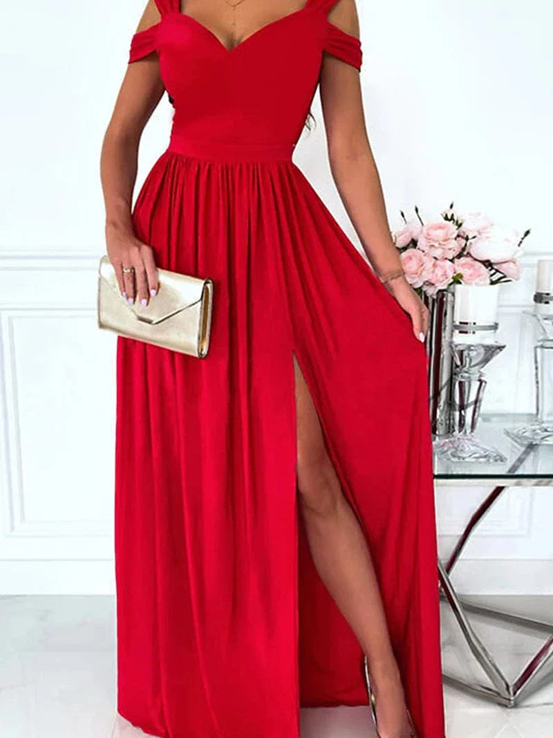 Romantic V-Neck Cold Shoulder Maxi Dress With Short Sleeves