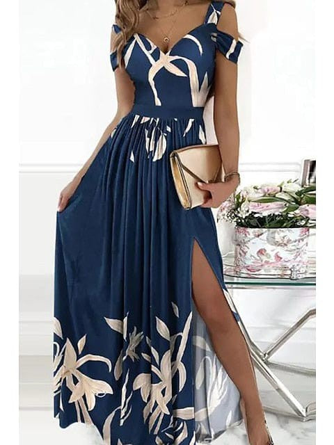 Romantic V-Neck Cold Shoulder Maxi Dress With Short Sleeves