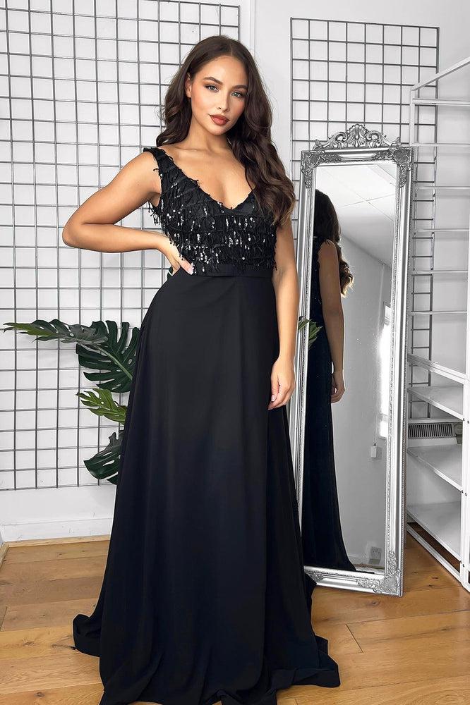 Sequinned Fringe V-Neck Sleeveless Occasion Maxi Dress