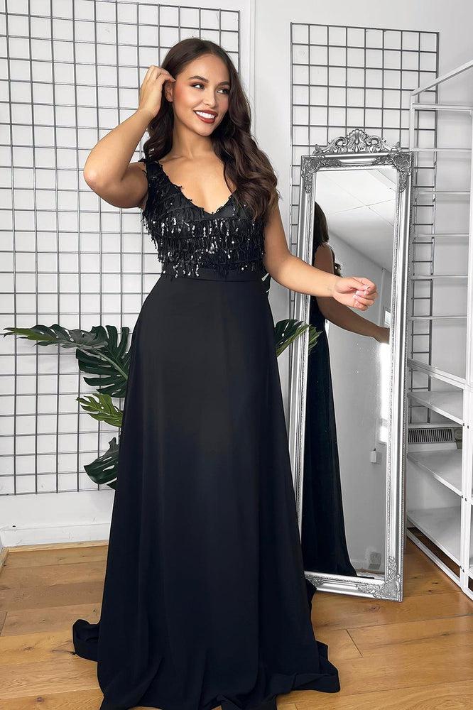 Sequinned Fringe V-Neck Sleeveless Occasion Maxi Dress