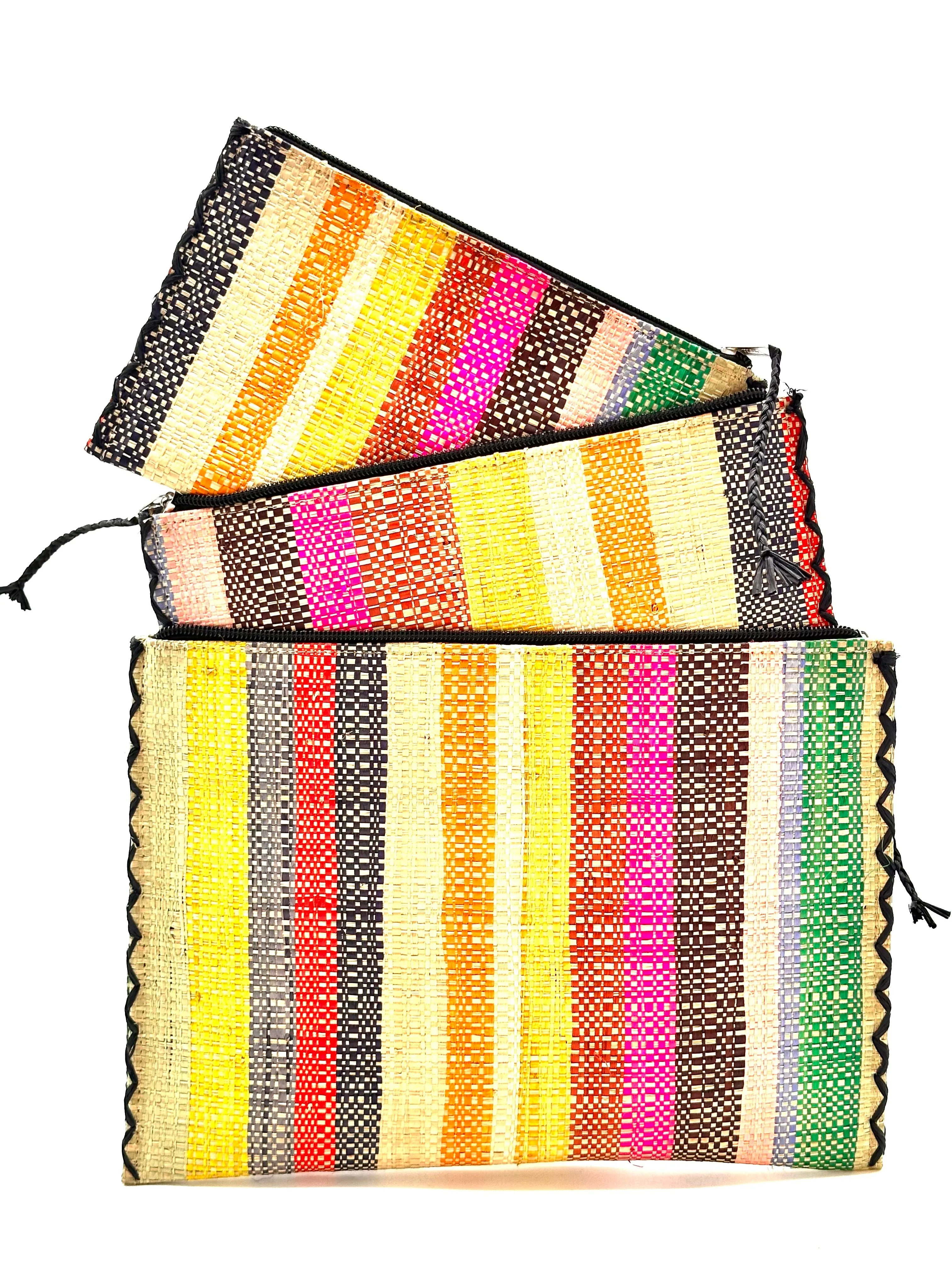 Set of 3 Nesting Zippered Straw Clutches Stripe Pattern