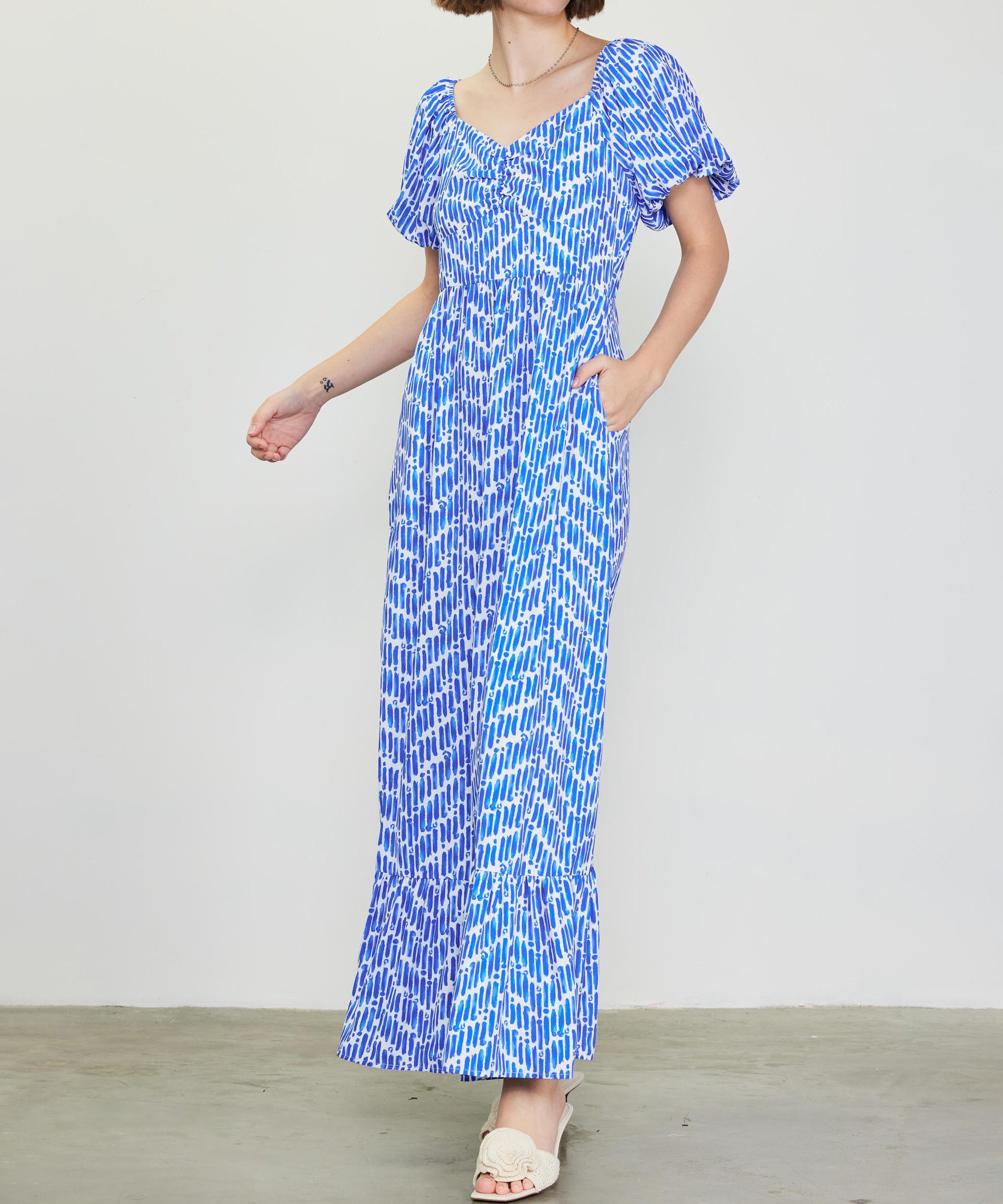 Short Sleeve Smocked Back Maxi Dress - Blue