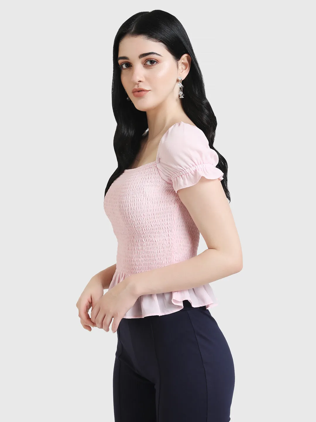 Smocked Top With Puff Sleeves