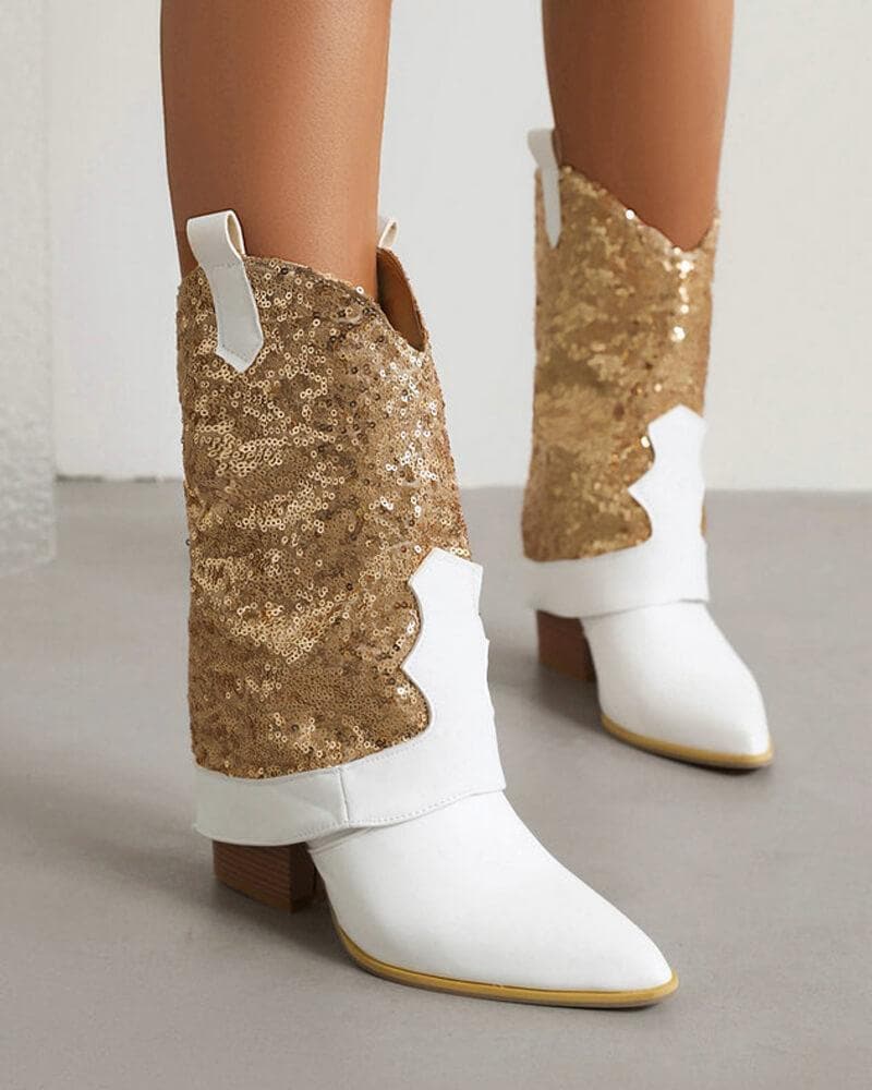 Sparkling Glitter Chunky Heel Boots