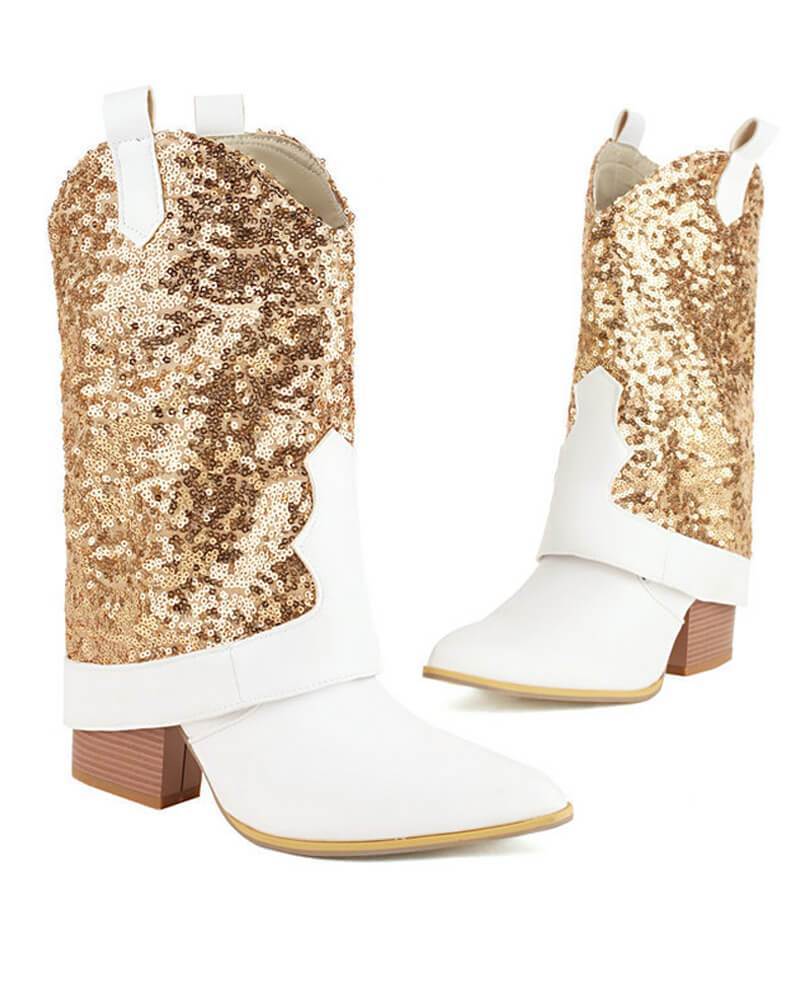 Sparkling Glitter Chunky Heel Boots