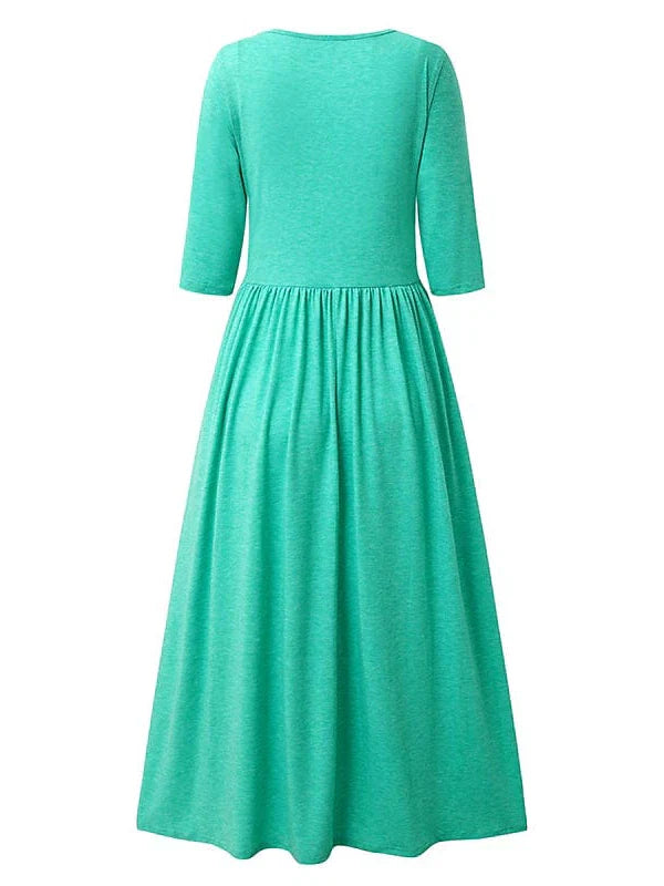 Stylish Dark Green Pleated V-Neck Midi Dress for Women