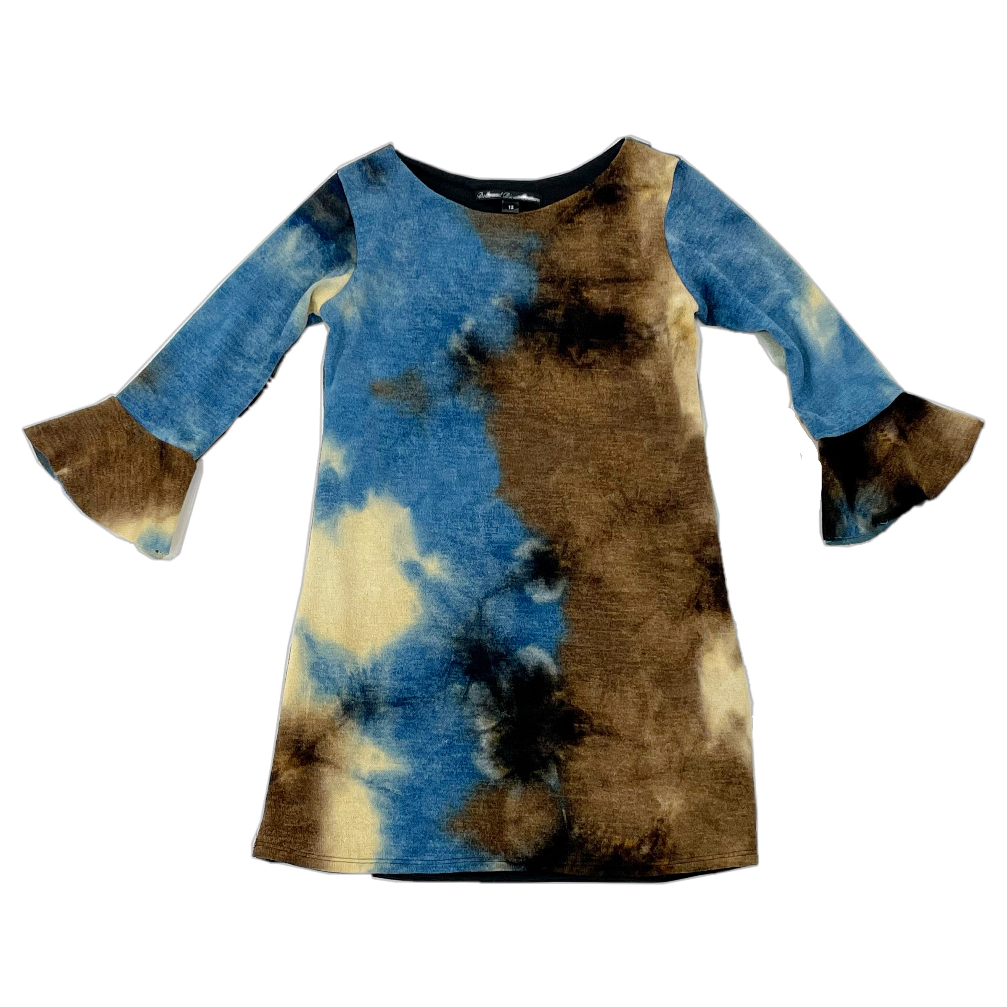 Teal brown tie dye bell sleeve dress