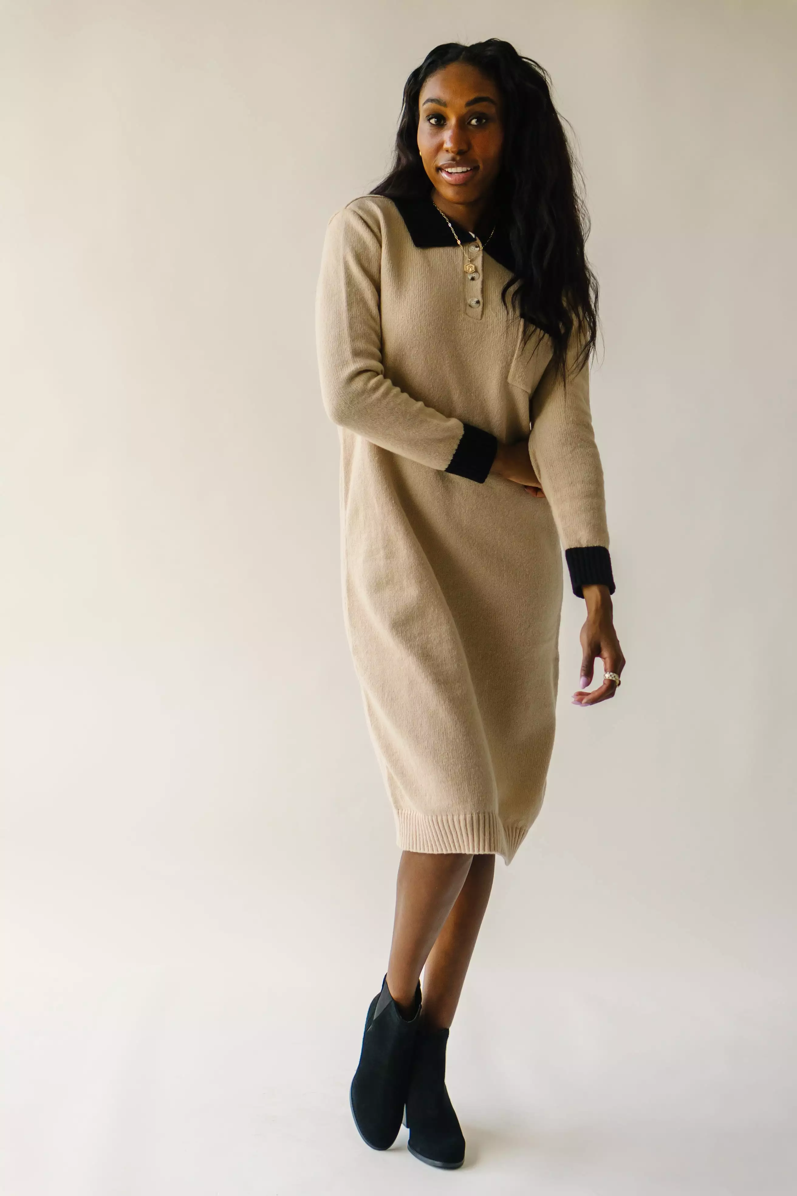 The Lismore Pocket Detail Sweater Dress in Tan