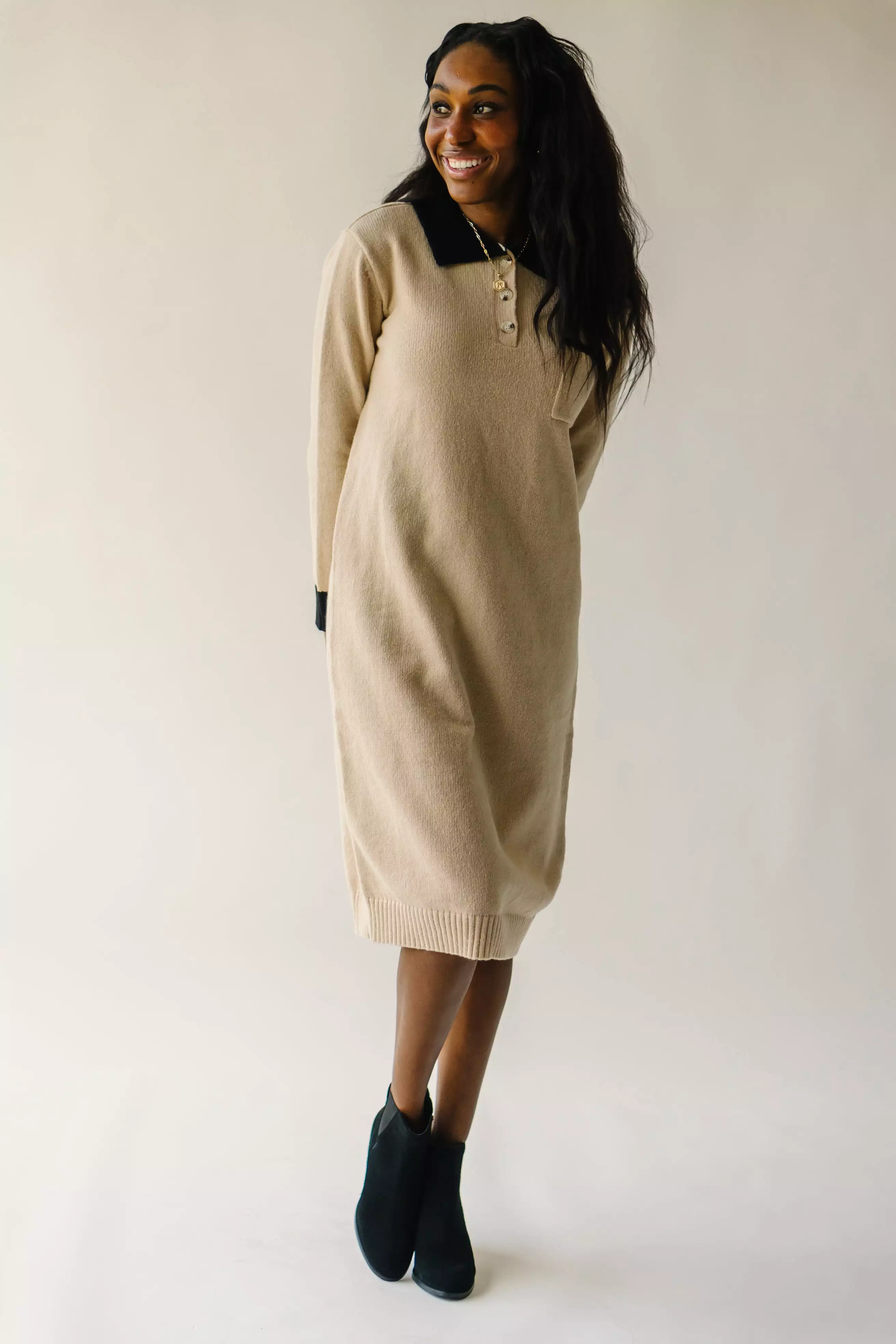 The Lismore Pocket Detail Sweater Dress in Tan