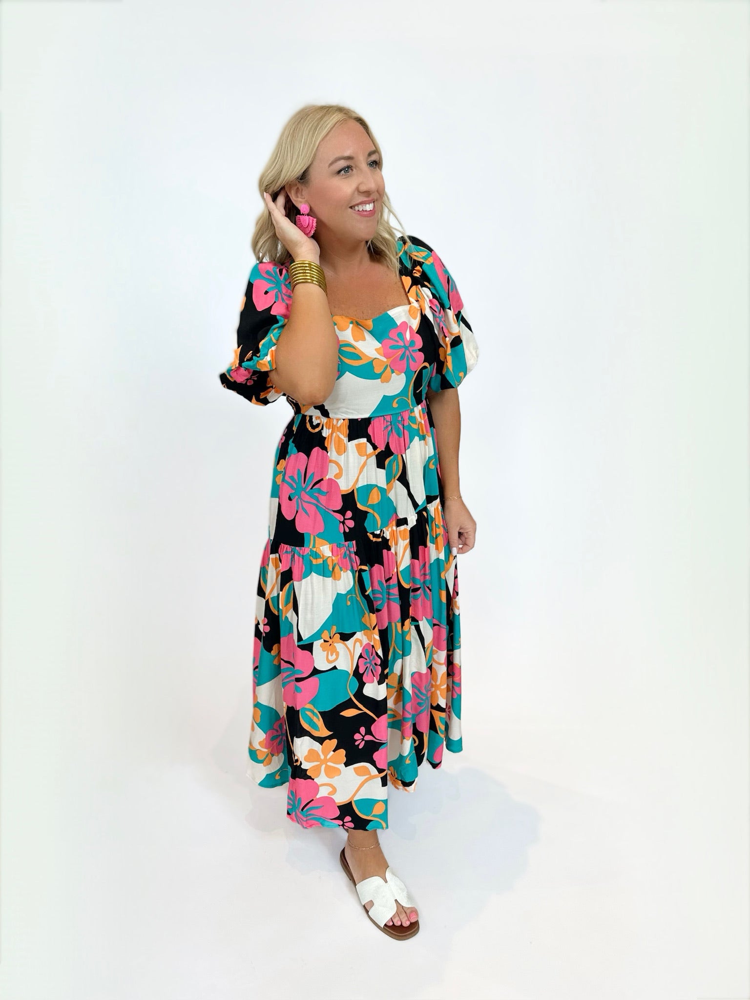 Tropical Sensation Long Floral Bubble Sleeve Dress