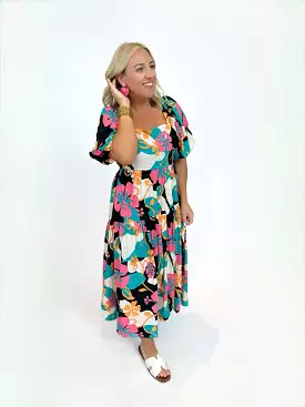 Tropical Sensation Long Floral Bubble Sleeve Dress