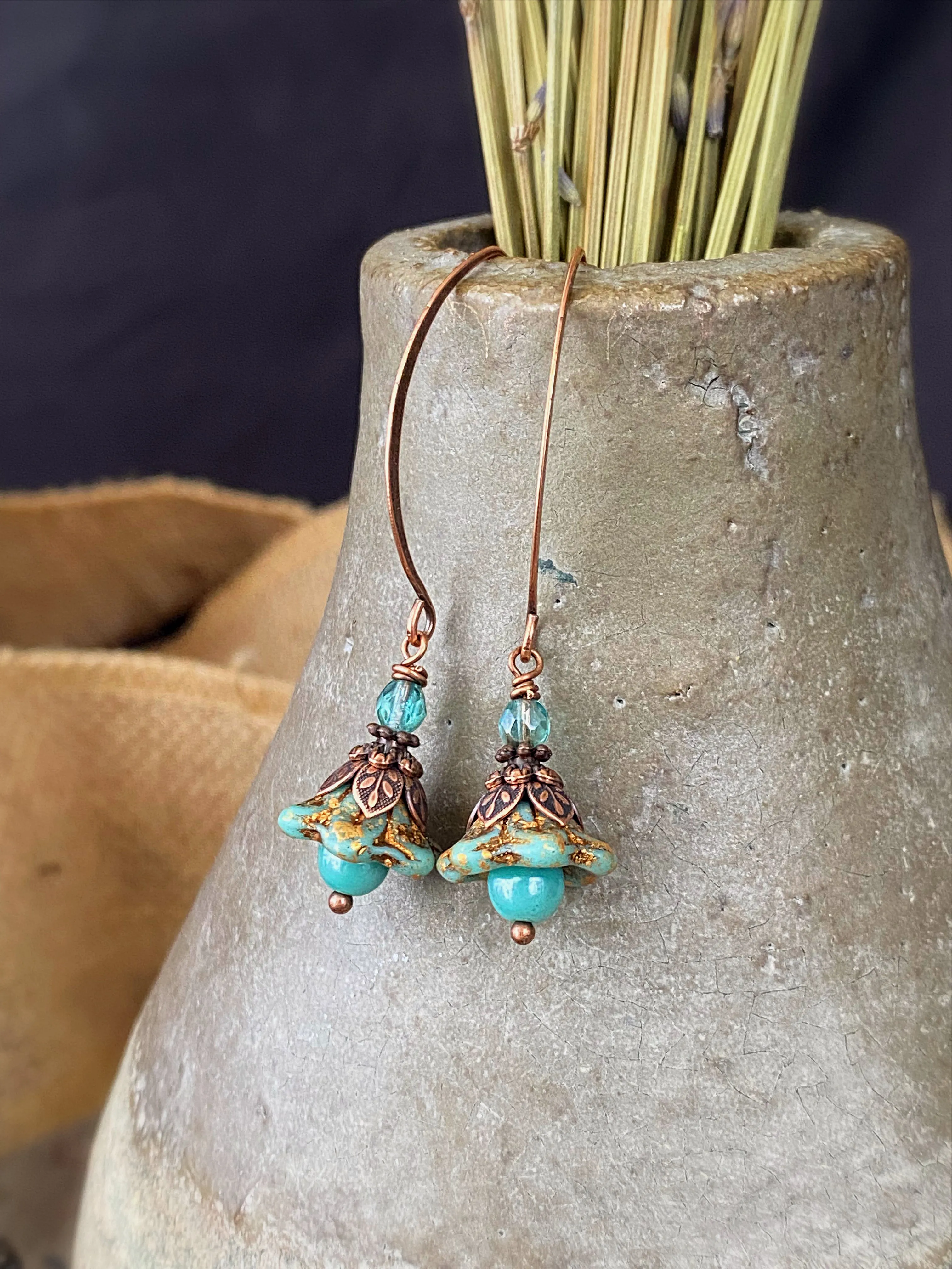 Turquoise Czech glass and pearls. Copper flower bead caps, bronze metal, earrings