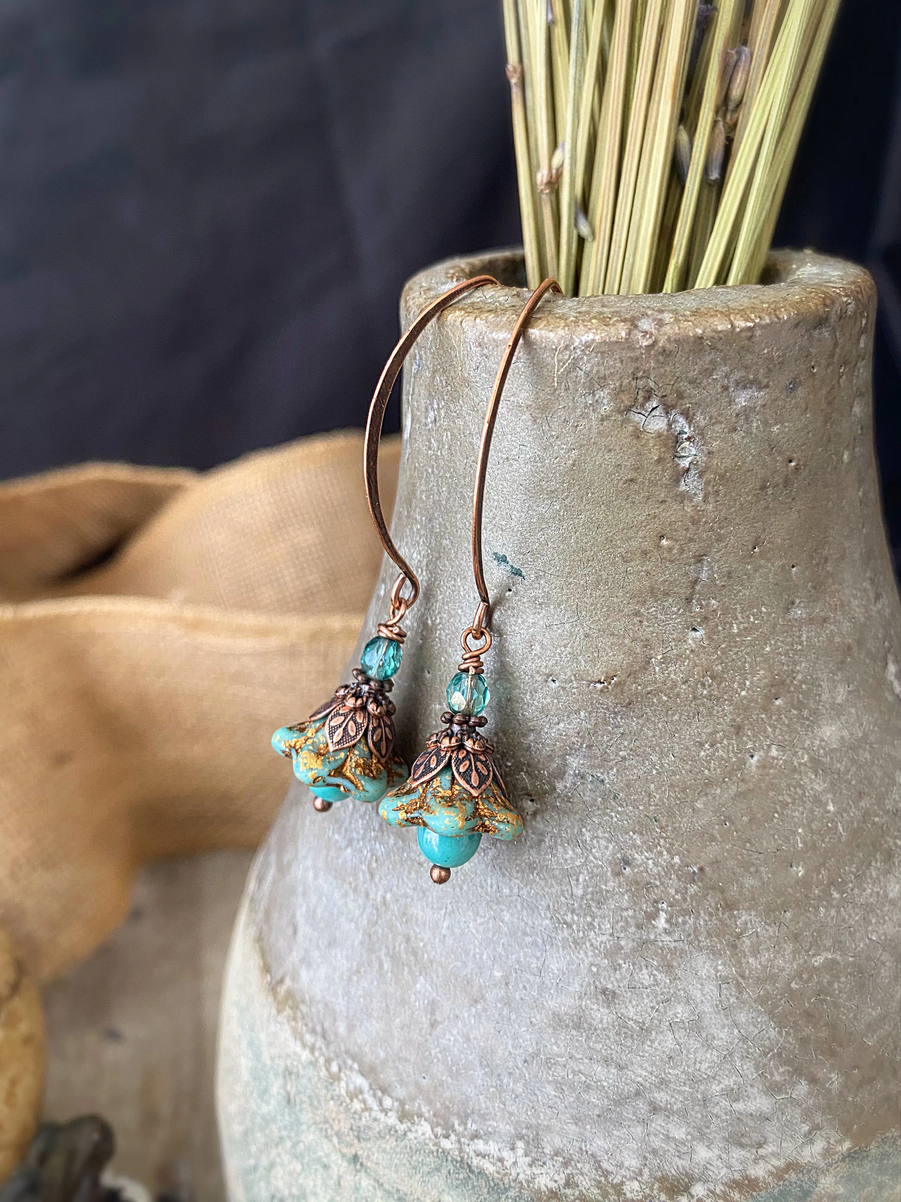 Turquoise Czech glass and pearls. Copper flower bead caps, bronze metal, earrings