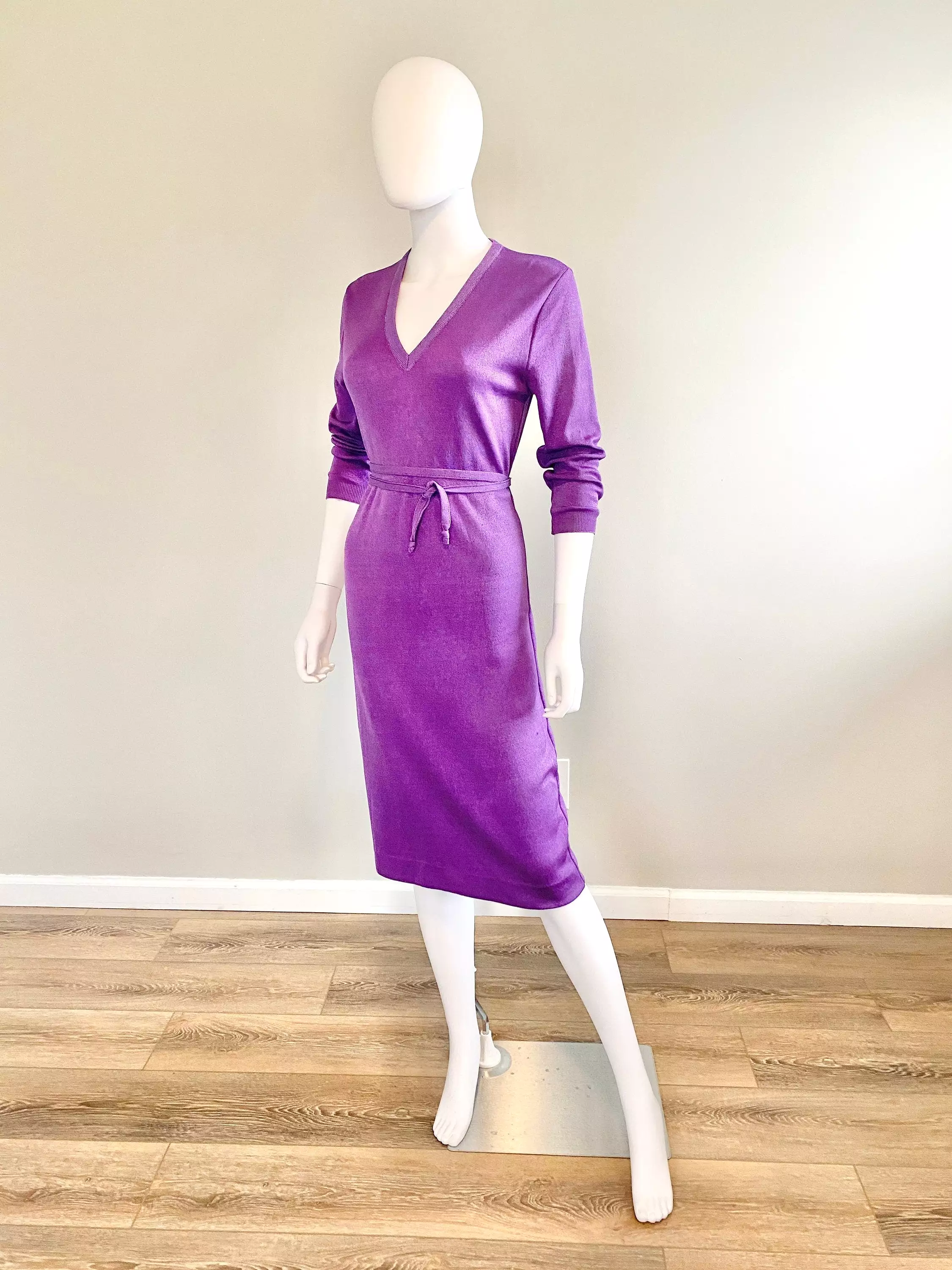 Vintage 1970s Purple Lurex Sweater Dress / 70s retro long sleeve disco dress / Size S M