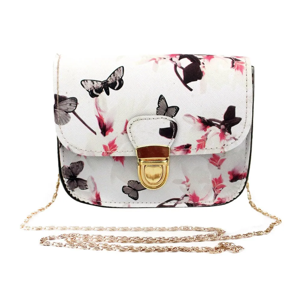 vintage Women Butterfly Flower Printing Chain leather luxury Hbags ladies party purse clutches Shoulder Bag Messenger Bags