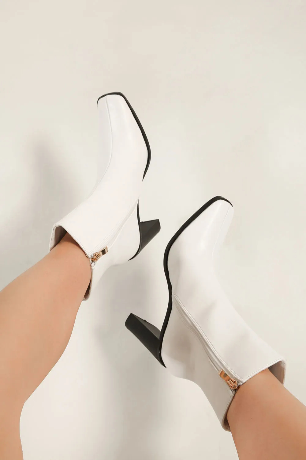 White Faux Leather Ankle Boots with Heels