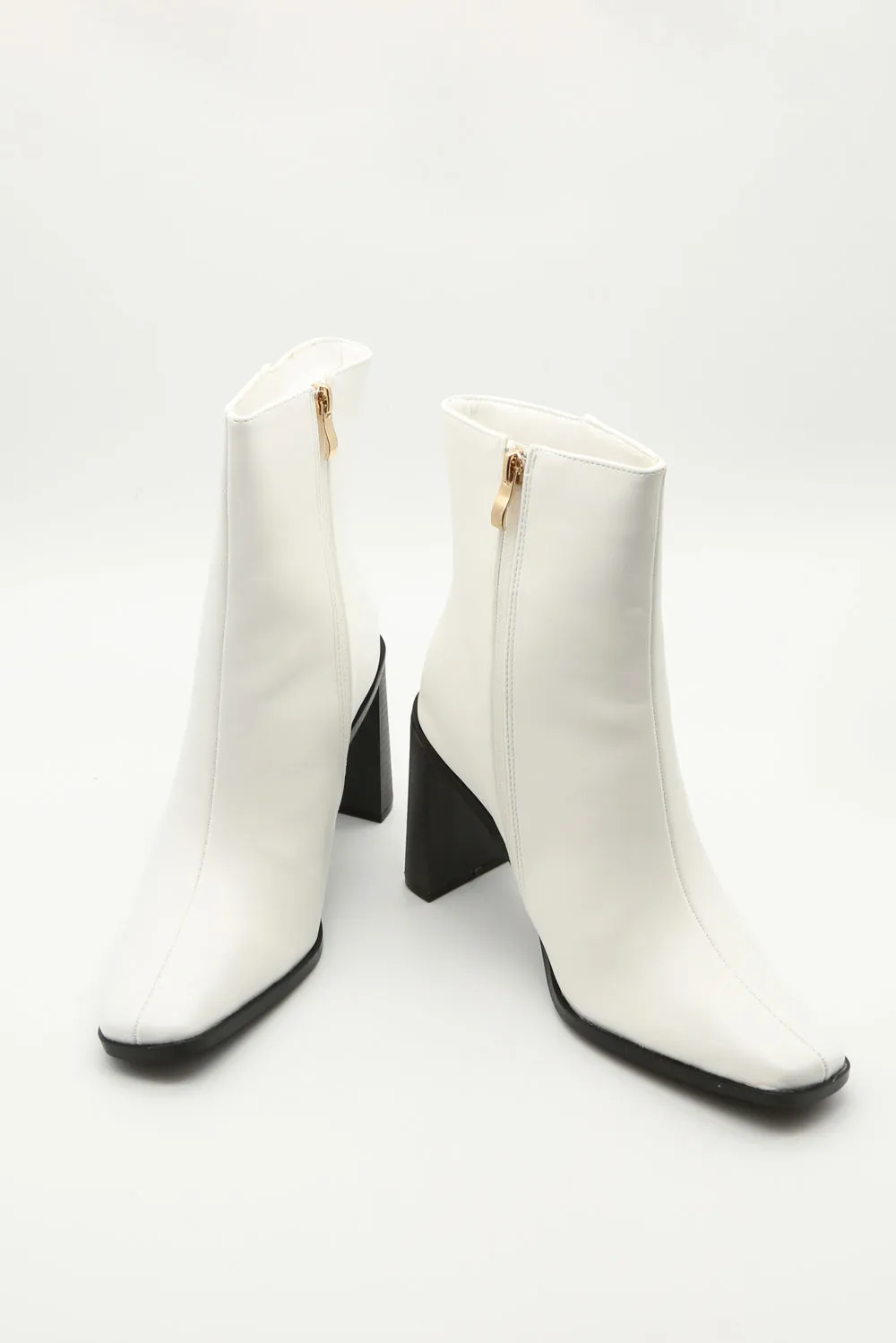 White Faux Leather Ankle Boots with Heels