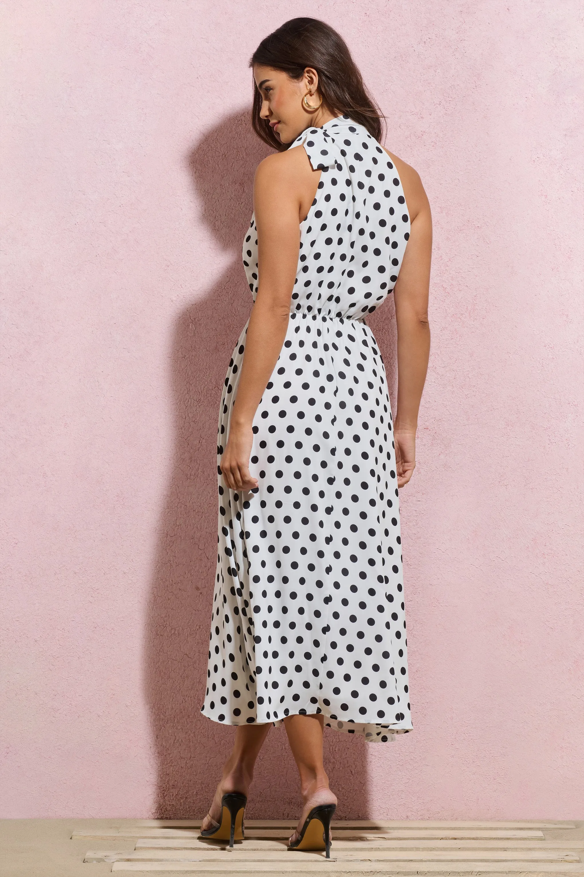 Winona | White Polka Dot High-Neck Split Midi Dress With Bow