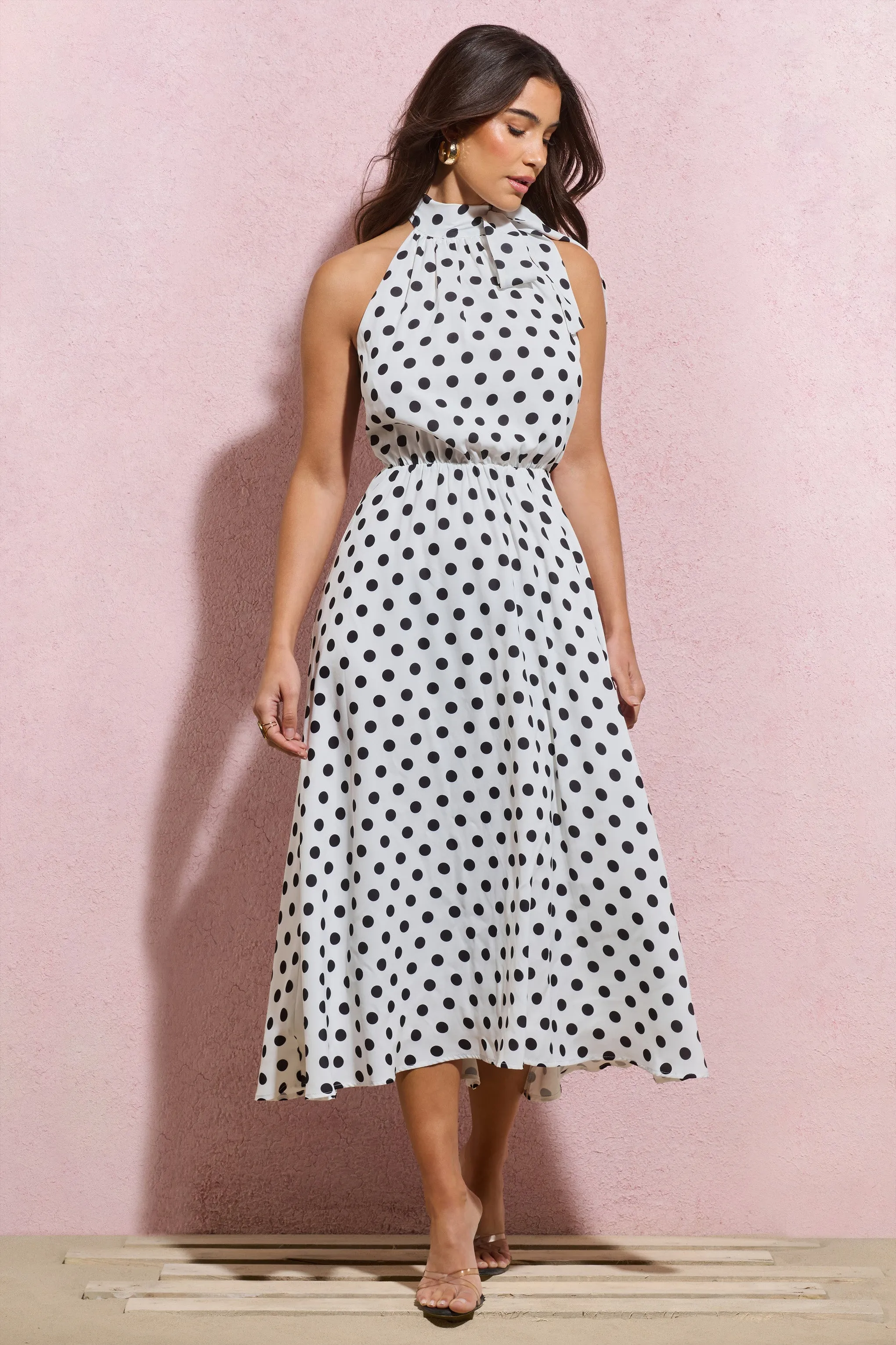 Winona | White Polka Dot High-Neck Split Midi Dress With Bow