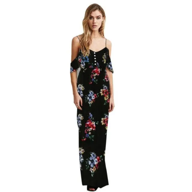 Women Floral Print Dress Sleeveless Cold Shoulder Strapless Long Dress Chiffon V Neck Boho Style Ladies Dresses #03 SM6