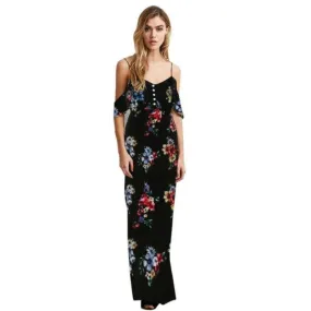 Women Floral Print Dress Sleeveless Cold Shoulder Strapless Long Dress Chiffon V Neck Boho Style Ladies Dresses #03 SM6