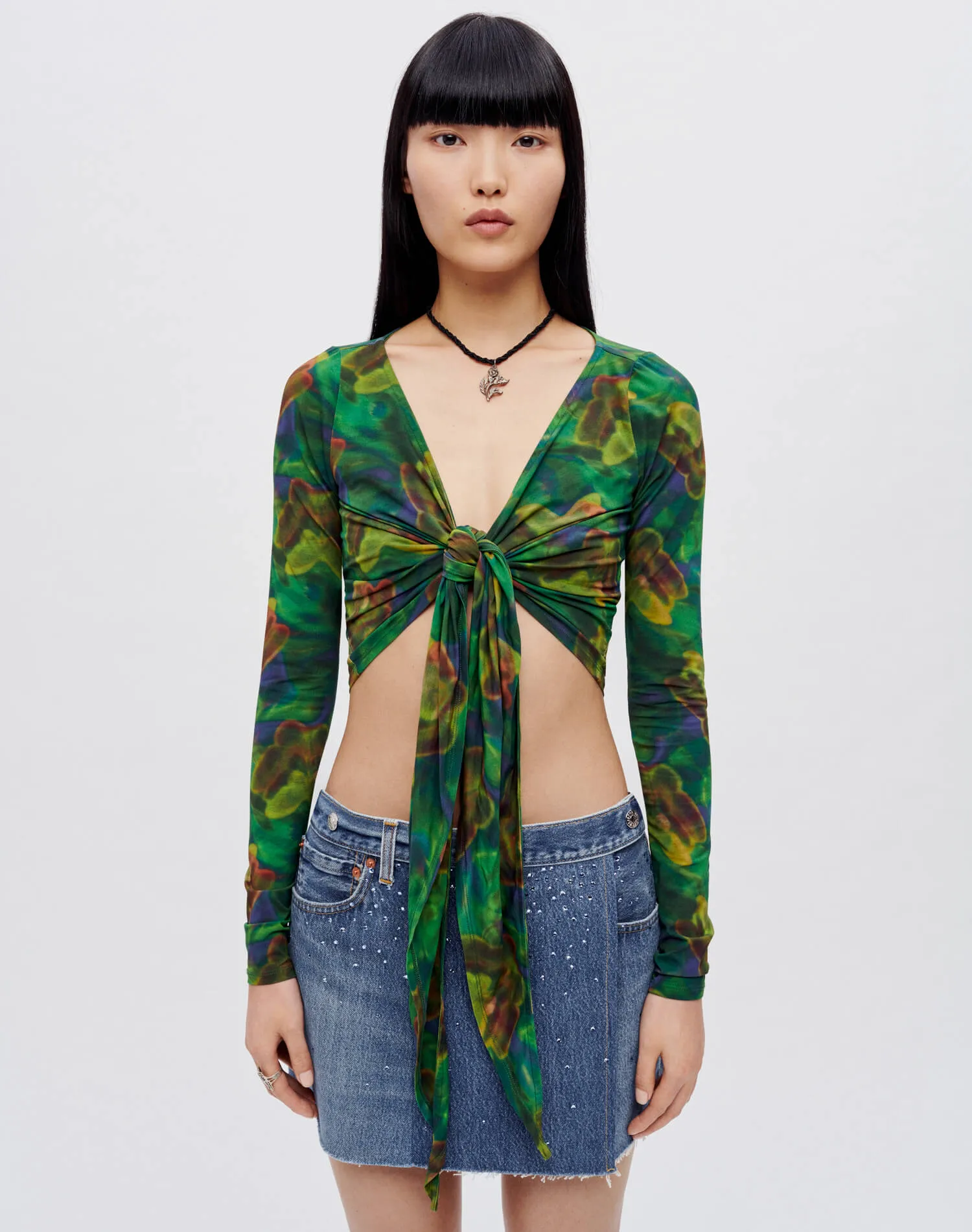 Wrap Tie Top - Green Butterfly