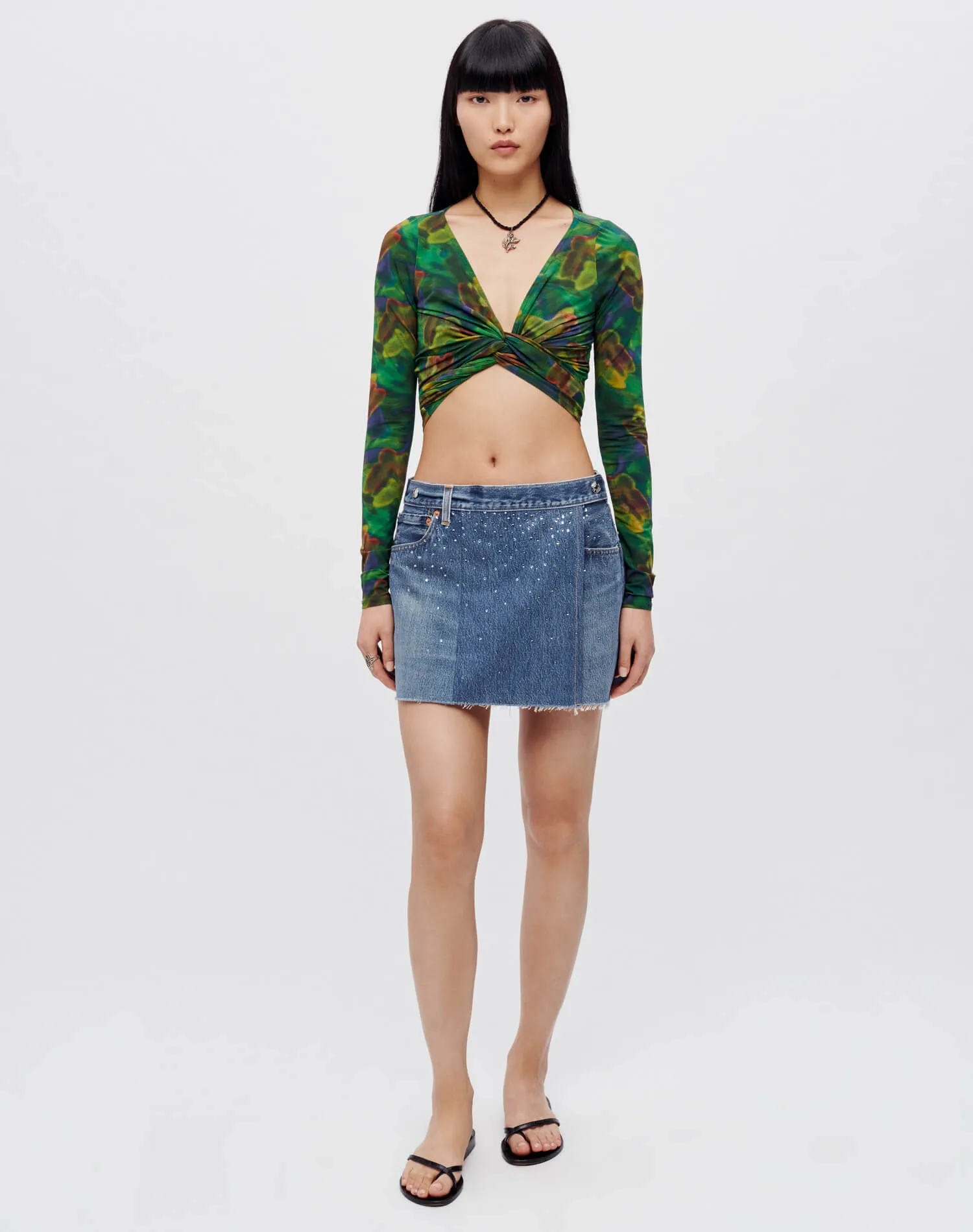 Wrap Tie Top - Green Butterfly